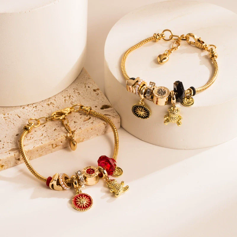 Wholesale Women's Electroplated Alloy Bracelet With Lucky Beads And Bear Pendant