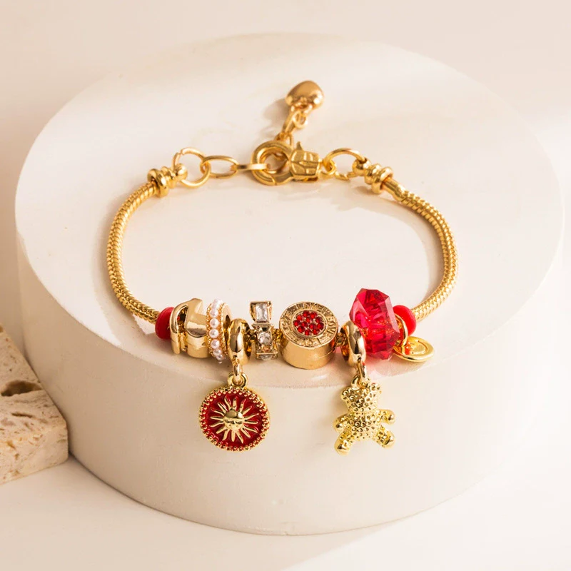 Wholesale Women's Electroplated Alloy Bracelet With Lucky Beads And Bear Pendant - Image 2