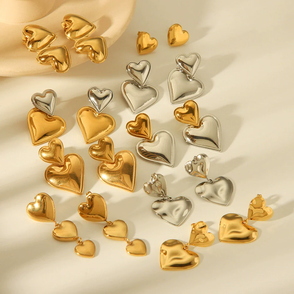 Wholesale Women's Electroplated Geometric Heart And Peach Heart Stainless Steel Earrings - Image 3