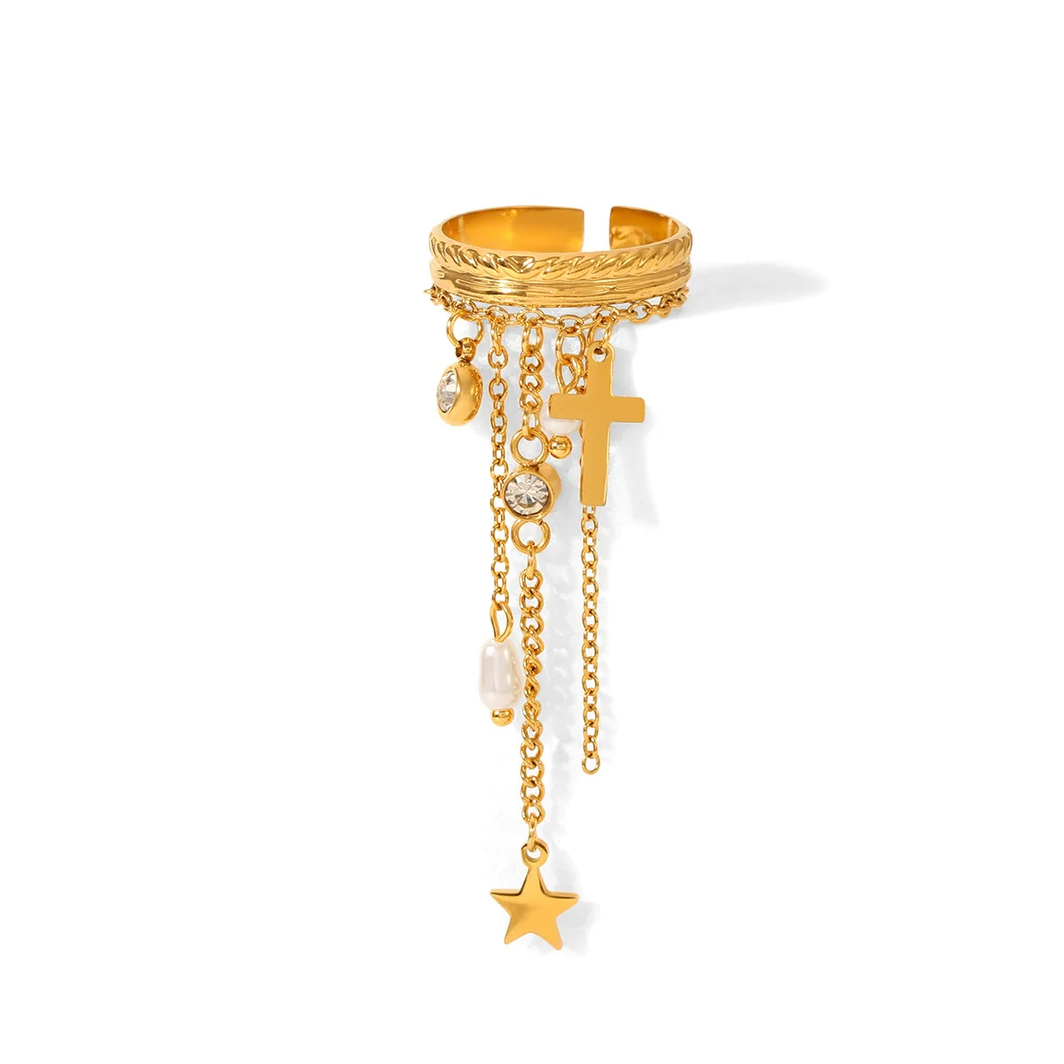 Wholesale Women's Electroplated Stainless Steel Geometric Star Cross Open Ring And Tassel Bracelet - Image 5