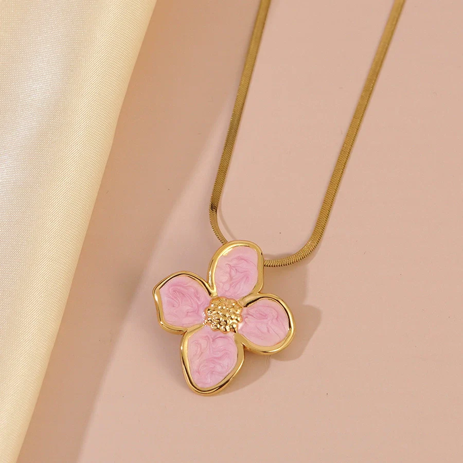 Wholesale Women's Electroplated Stainless Steel Snake Bone Chain Fourpetal Flower Necklace - Image 6