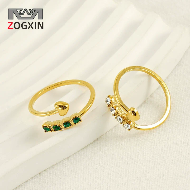 Wholesale Women's Elegant Allmatch Niche Design Sense 316L Stainless Steel 18K Gold Plated Heart Geometric Opening Ring With Diamond