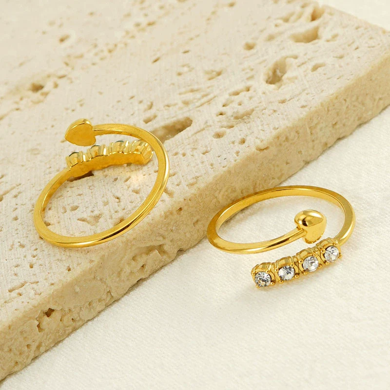 Wholesale Women's Elegant Allmatch Niche Design Sense 316L Stainless Steel 18K Gold Plated Heart Geometric Opening Ring With Diamond - Image 3