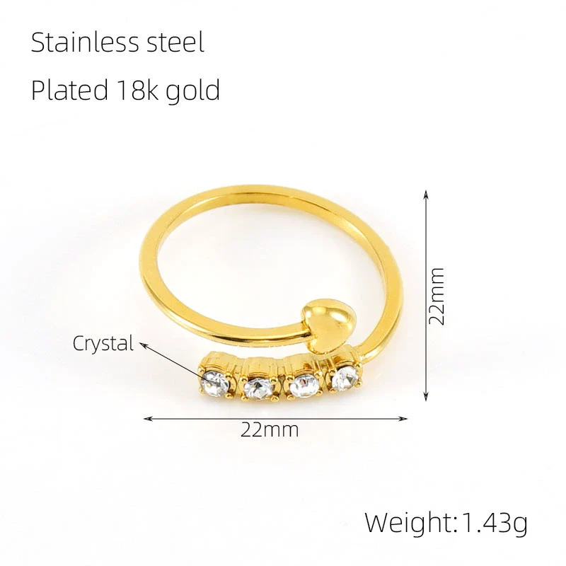 Wholesale Women's Elegant Allmatch Niche Design Sense 316L Stainless Steel 18K Gold Plated Heart Geometric Opening Ring With Diamond - Image 6