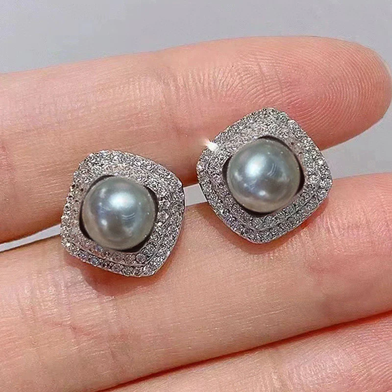 Wholesale Women's Elegant Geometric Square Fat Round Imitation Pearl Electroplated Zirconia Earrings Copper