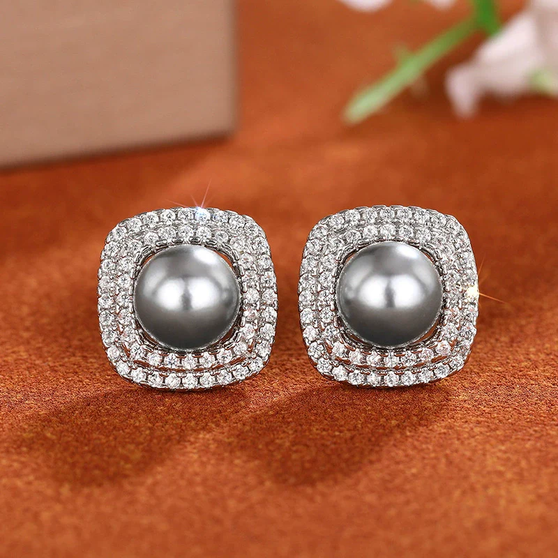 Wholesale Women's Elegant Geometric Square Fat Round Imitation Pearl Electroplated Zirconia Earrings Copper - Image 2
