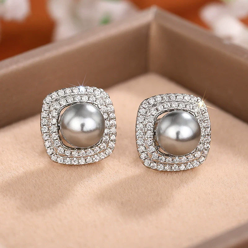 Wholesale Women's Elegant Geometric Square Fat Round Imitation Pearl Electroplated Zirconia Earrings Copper - Image 3