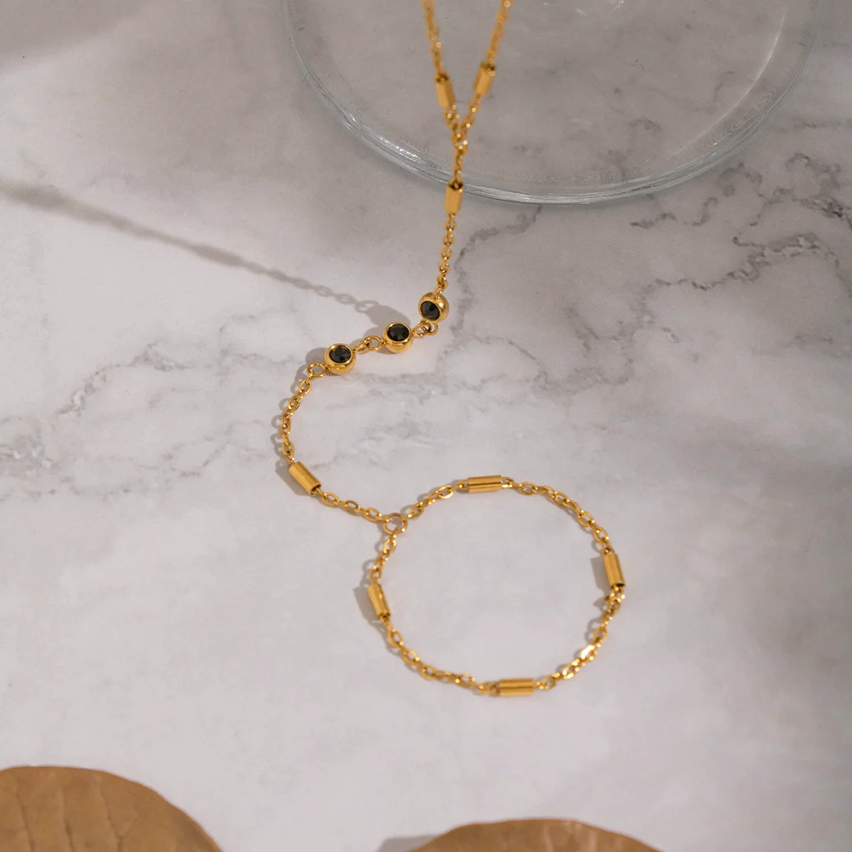 Wholesale Women's Elegant Geometric Stainless Steel Real Gold Plated Finger Chain Bracelet - Image 2