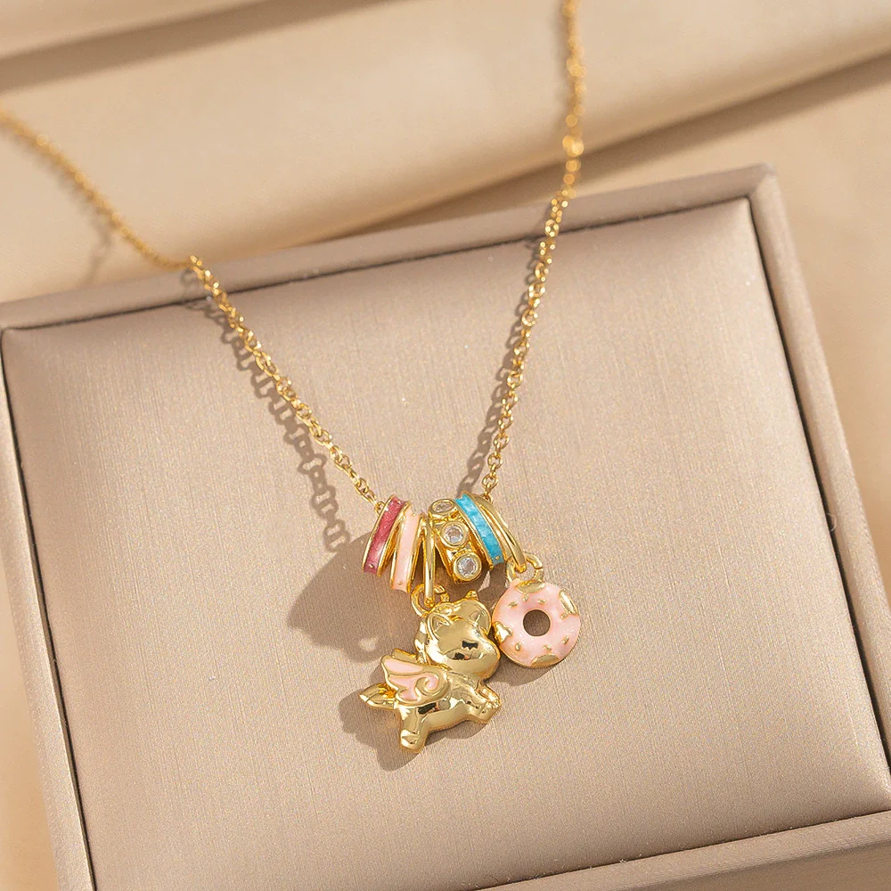 Wholesale Women's Enamel Copper Zircon Inlaid Dripping Oil Animal Zodiac Pattern Circle Pendant Cross Chain Necklace Light Luxury Cute Style
