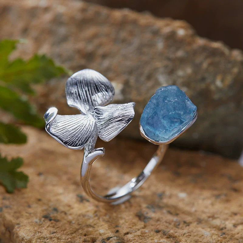 Wholesale Women's Exaggerated Geometric Style S925 Sterling Silver Petal Opening Ring Set With Natural Aquamarine Stone - Image 4