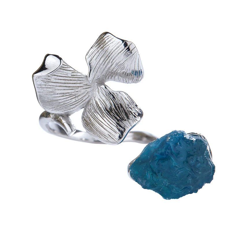 Wholesale Women's Exaggerated Geometric Style S925 Sterling Silver Petal Opening Ring Set With Natural Aquamarine Stone - Image 5