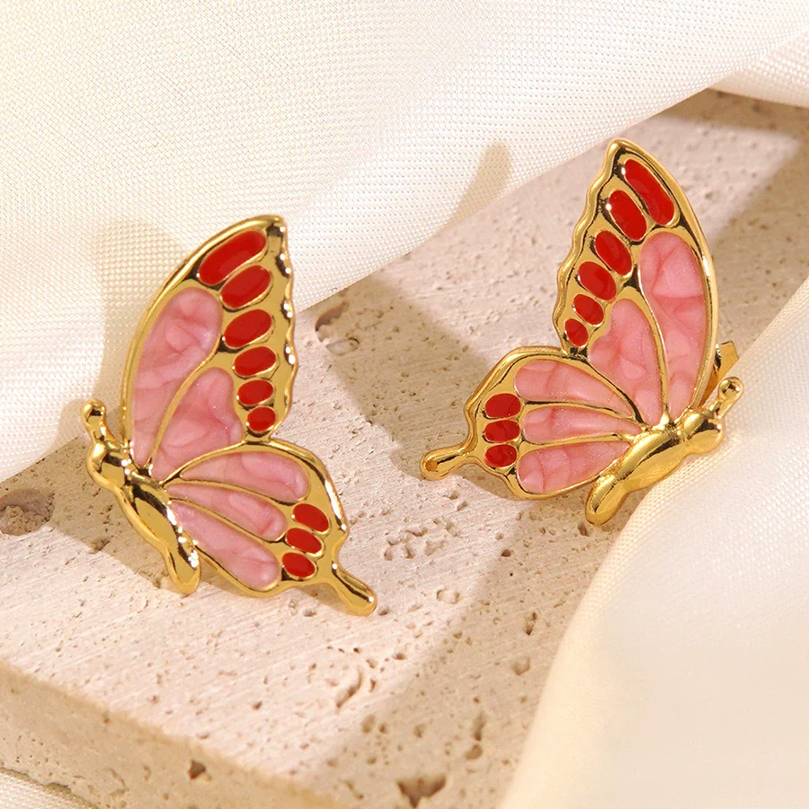 Wholesale Women's Fairy Style Insect Pattern Dripping Oil Stainless Steel Butterfly Earrings - Image 7