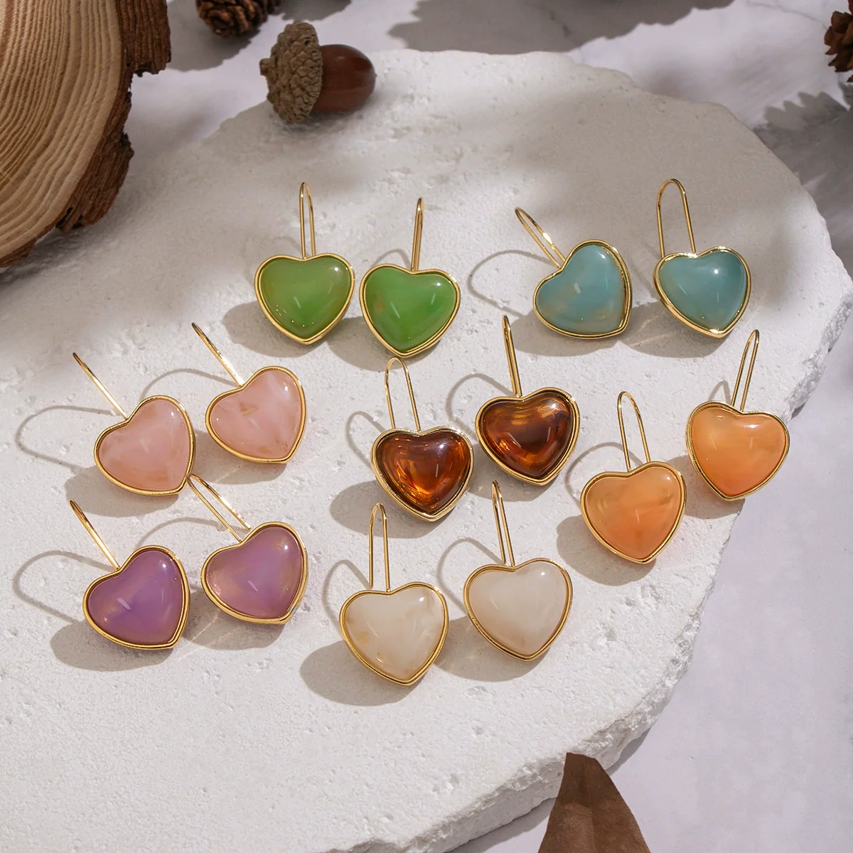 Wholesale Women's Fairy Style Multicolor Resin Heart Earrings With Stainless Steel Ear Needles And Pvd Furnace Vacuum Real Gold Plating