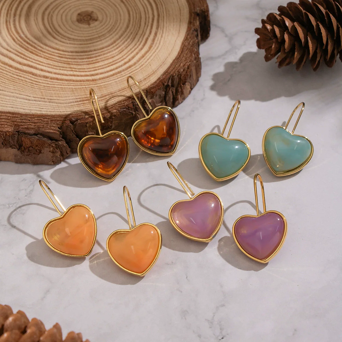 Wholesale Women's Fairy Style Multicolor Resin Heart Earrings With Stainless Steel Ear Needles And Pvd Furnace Vacuum Real Gold Plating - Image 4