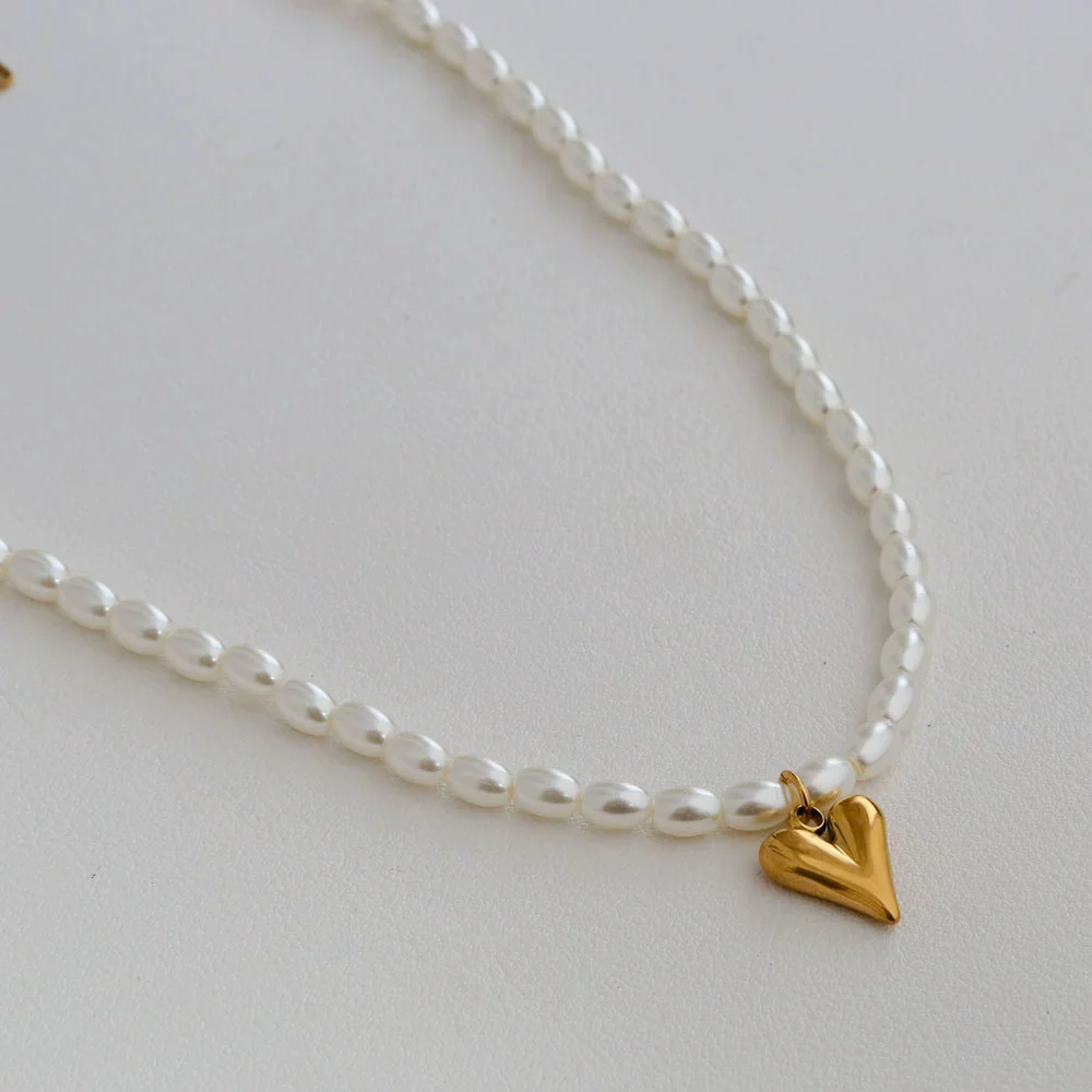 Wholesale Women's Fairy Style Titanium Steel Goldplated Pearl Casting Heart Pendant Necklace With String Of Pearls Chain - Image 9