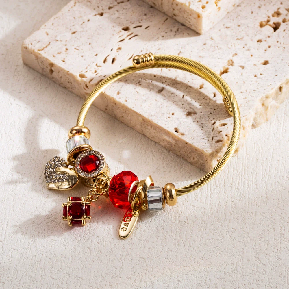 Wholesale Women's Fashion Adjustable Couple Bracelet With Heart Pendant Made Of Alloy And Stainless Steel With Rhinestone Inlay - Image 3