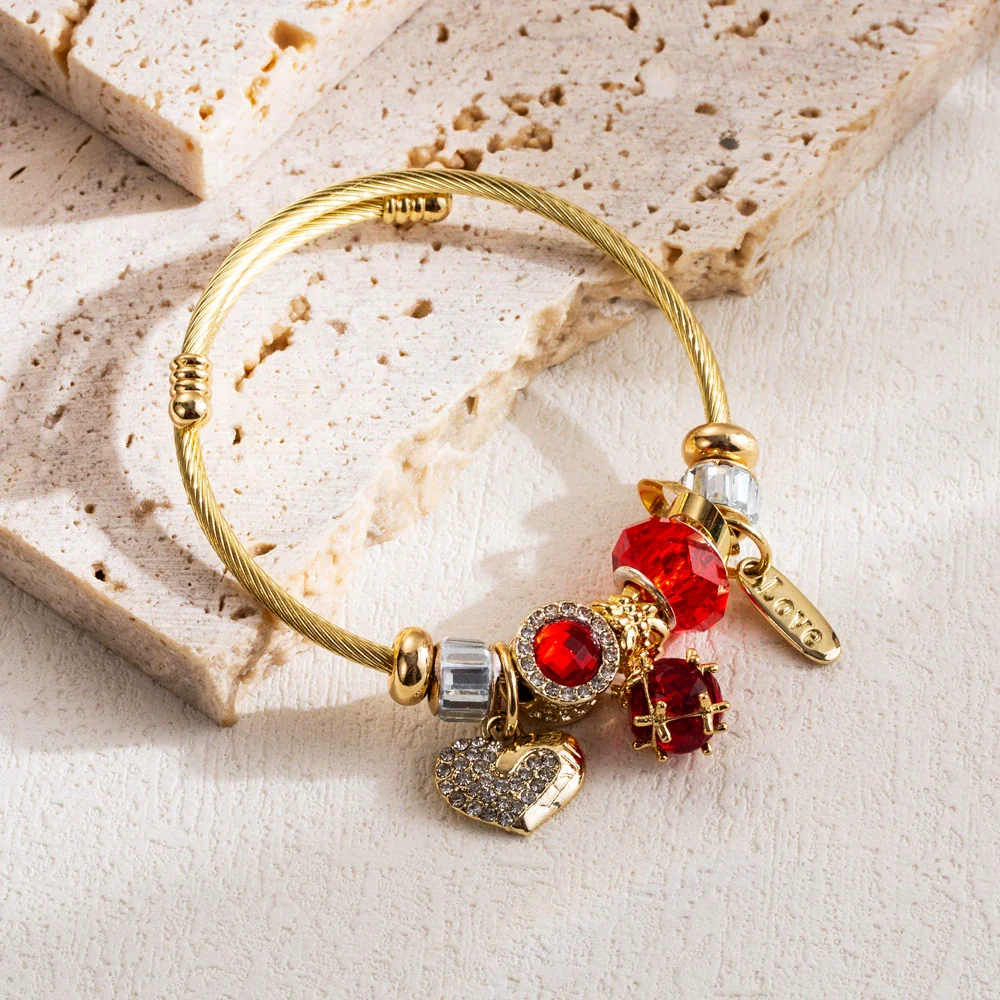 Wholesale Women's Fashion Adjustable Couple Bracelet With Heart Pendant Made Of Alloy And Stainless Steel With Rhinestone Inlay - Image 6