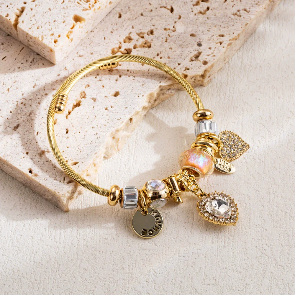 Wholesale Women's Fashion Adjustable Couple Bracelet With Heart Pendant Made Of Alloy And Stainless Steel With Rhinestone Inlay - Image 8