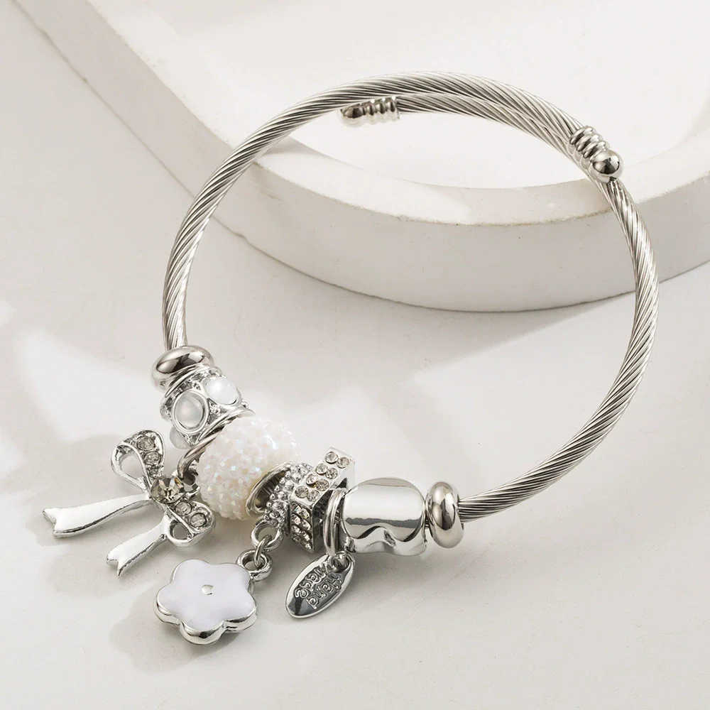 Wholesale Women's Fashion Diamond Design Stainless Steel Alloy Bracelet With Bow Flower Pendant - Image 7