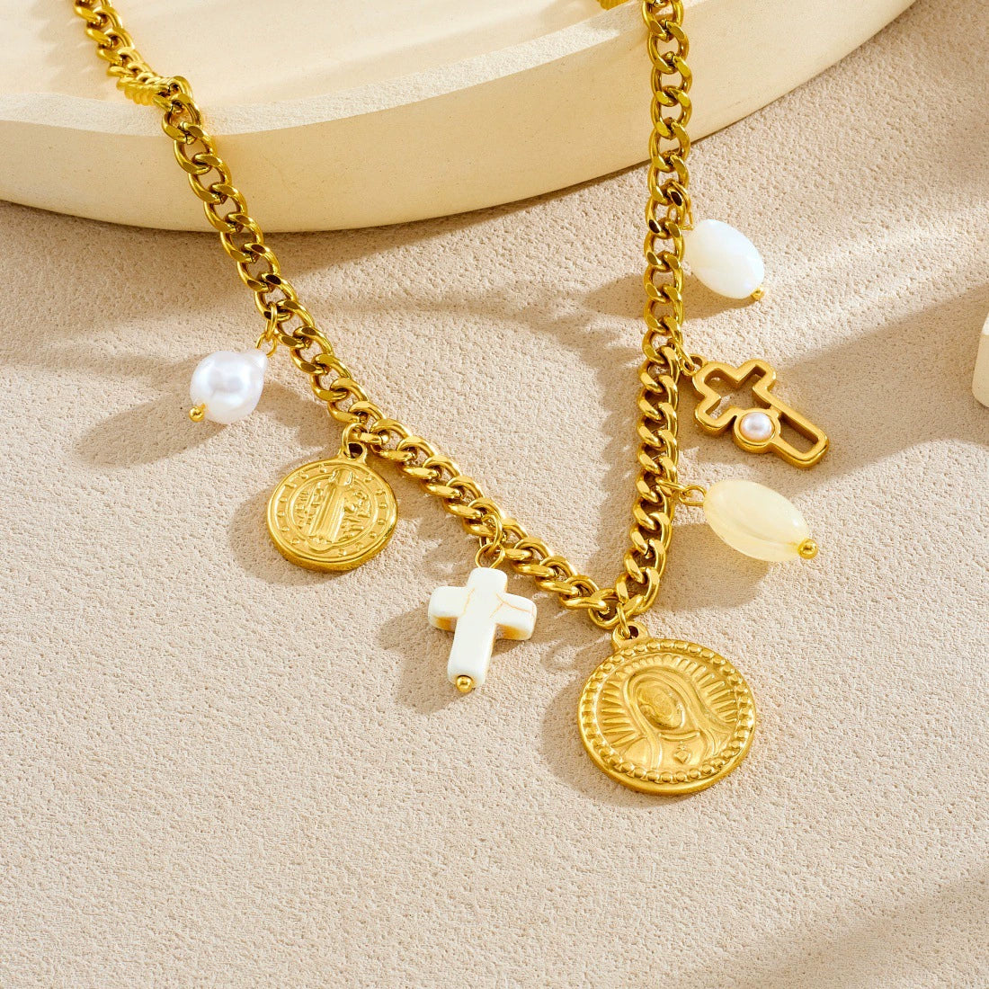 Wholesale Women's Fashion Elegant Retro Pearl Cross Oval Relief Saint Crown Roman Numerals Pattern Stainless Steel Electroplated Pendant Necklace And Hand Jewelry Set - Image 2
