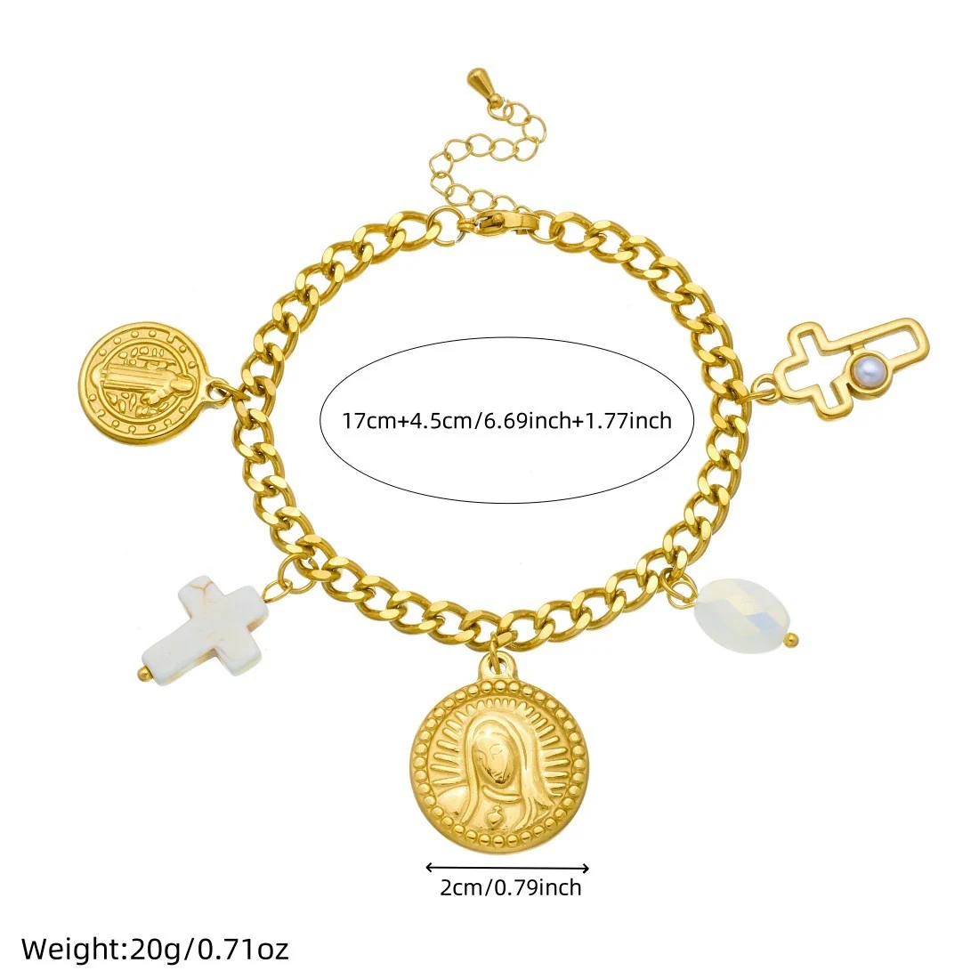 Wholesale Women's Fashion Elegant Retro Pearl Cross Oval Relief Saint Crown Roman Numerals Pattern Stainless Steel Electroplated Pendant Necklace And Hand Jewelry Set - Image 4