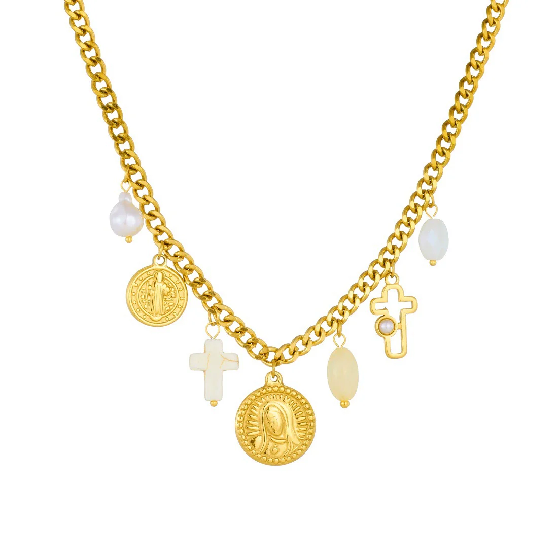 Wholesale Women's Fashion Elegant Retro Pearl Cross Oval Relief Saint Crown Roman Numerals Pattern Stainless Steel Electroplated Pendant Necklace And Hand Jewelry Set - Image 5