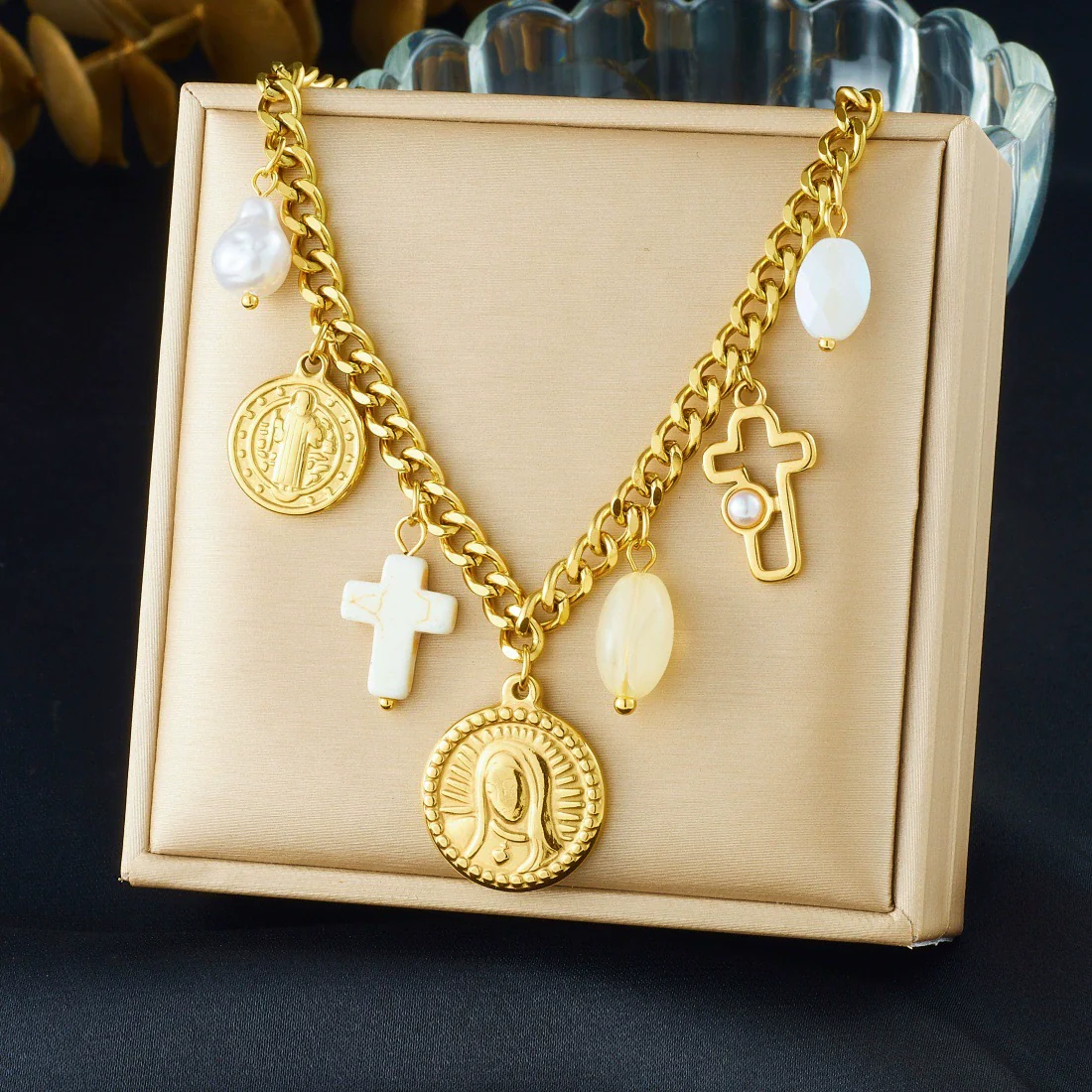 Wholesale Women's Fashion Elegant Retro Pearl Cross Oval Relief Saint Crown Roman Numerals Pattern Stainless Steel Electroplated Pendant Necklace And Hand Jewelry Set - Image 6