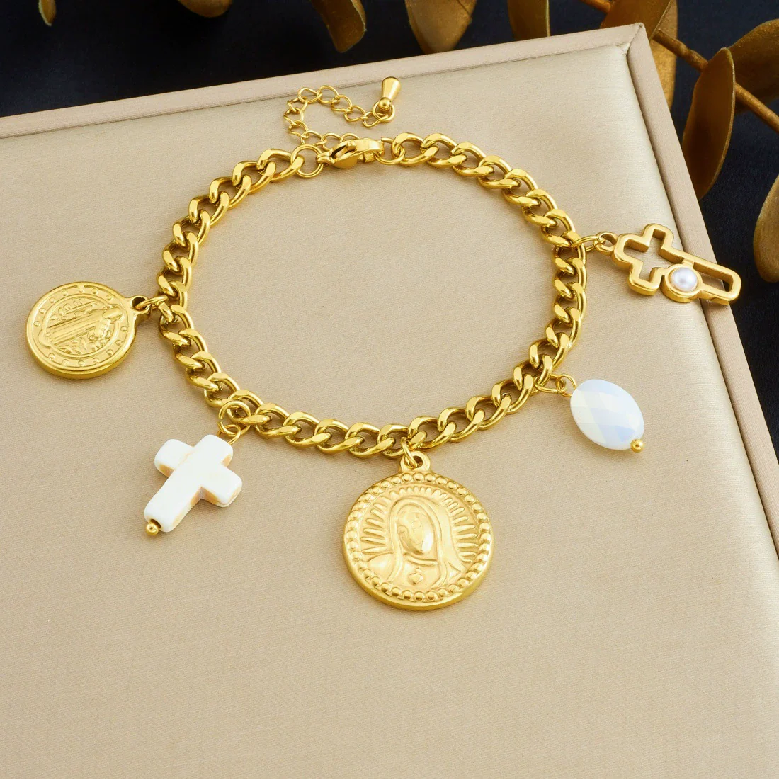 Wholesale Women's Fashion Elegant Retro Pearl Cross Oval Relief Saint Crown Roman Numerals Pattern Stainless Steel Electroplated Pendant Necklace And Hand Jewelry Set - Image 7