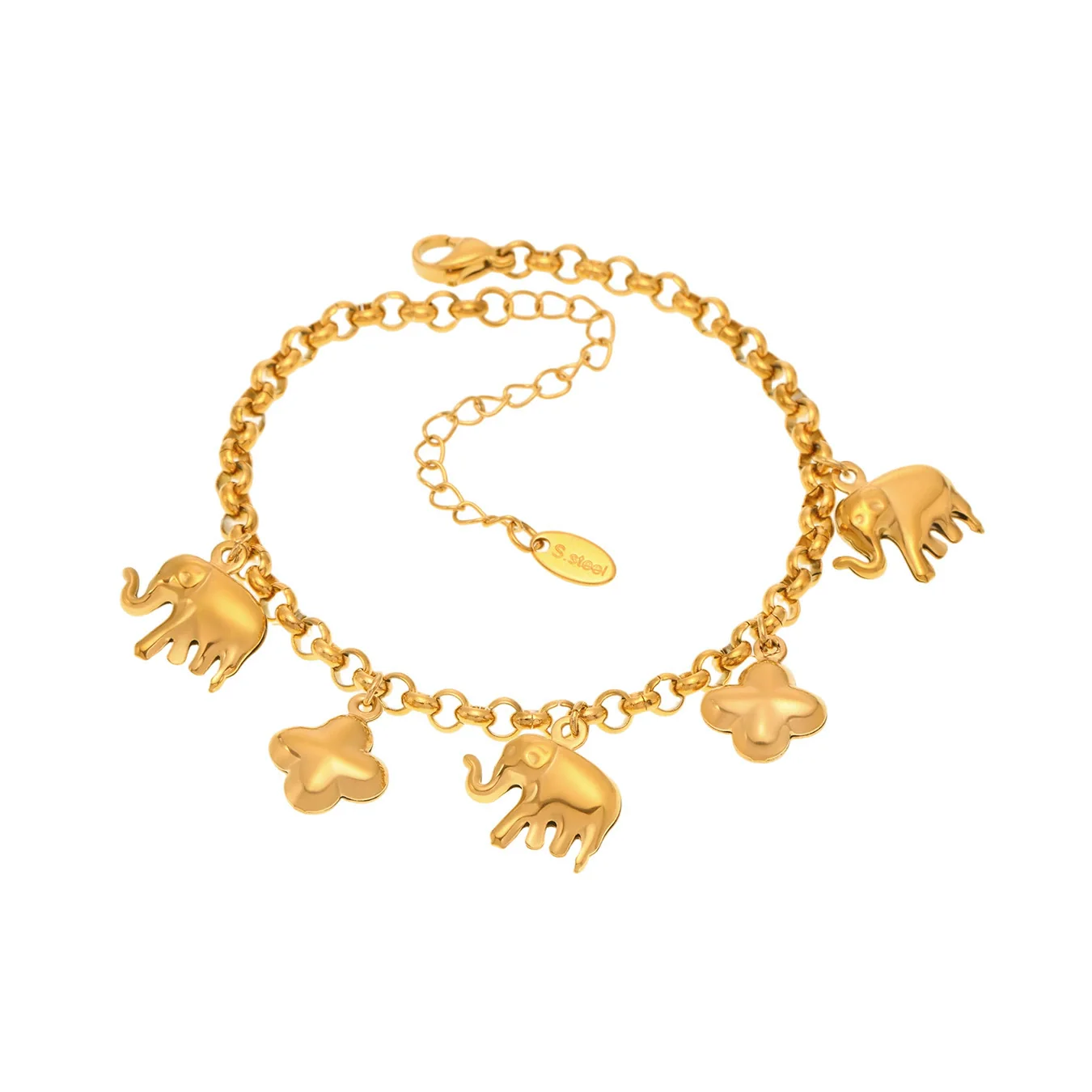 Wholesale Women's Fashion Elephant Fourleaf Flower Geometric Ferris Wheel Stainless Steel Electroplated Pendant Bracelet - Image 5
