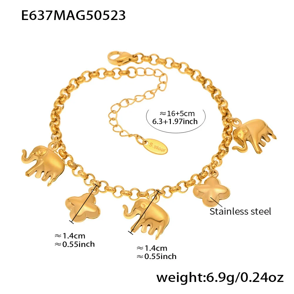 Wholesale Women's Fashion Elephant Fourleaf Flower Geometric Ferris Wheel Stainless Steel Electroplated Pendant Bracelet - Image 6