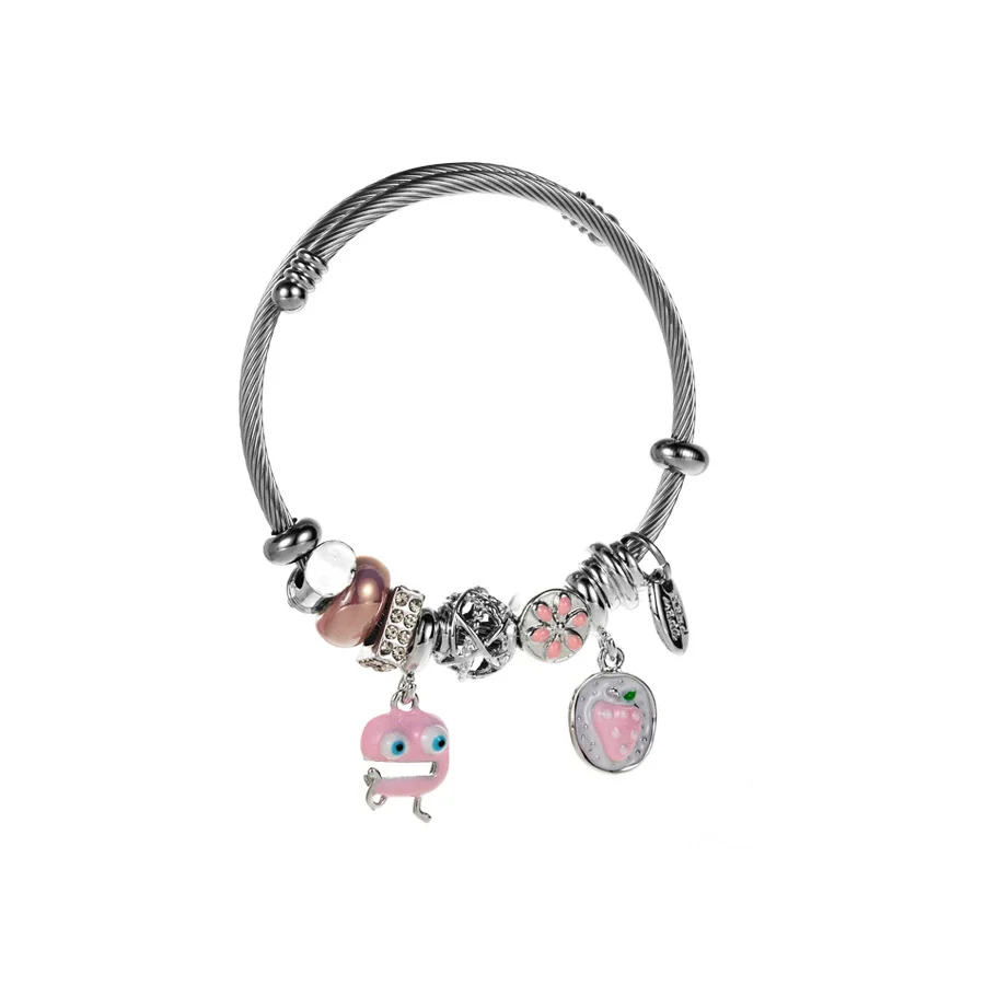 Wholesale Women's Fashion Fruit Styling Titanium Steel Electroplated Diy Crystal Bracelet With Cartoon Strawberry Pendant - Image 5