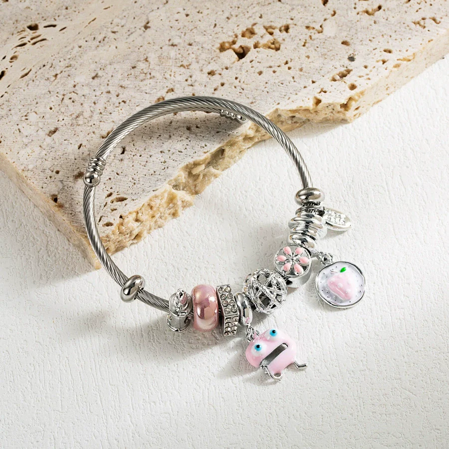 Wholesale Women's Fashion Fruit Styling Titanium Steel Electroplated Diy Crystal Bracelet With Cartoon Strawberry Pendant - Image 8