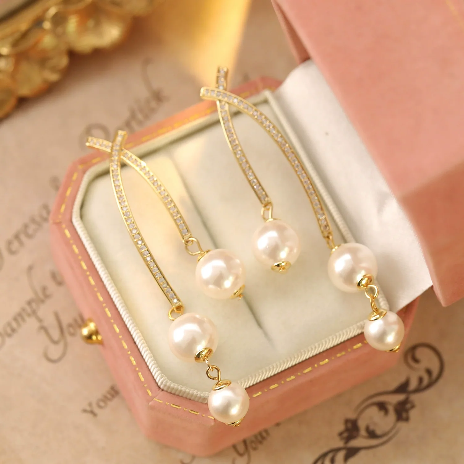 Wholesale Women's Fashion Geometric Copper Earrings With Long Tassels And Pearl Diamonds Micropaved Zircon Electroplated - Image 3