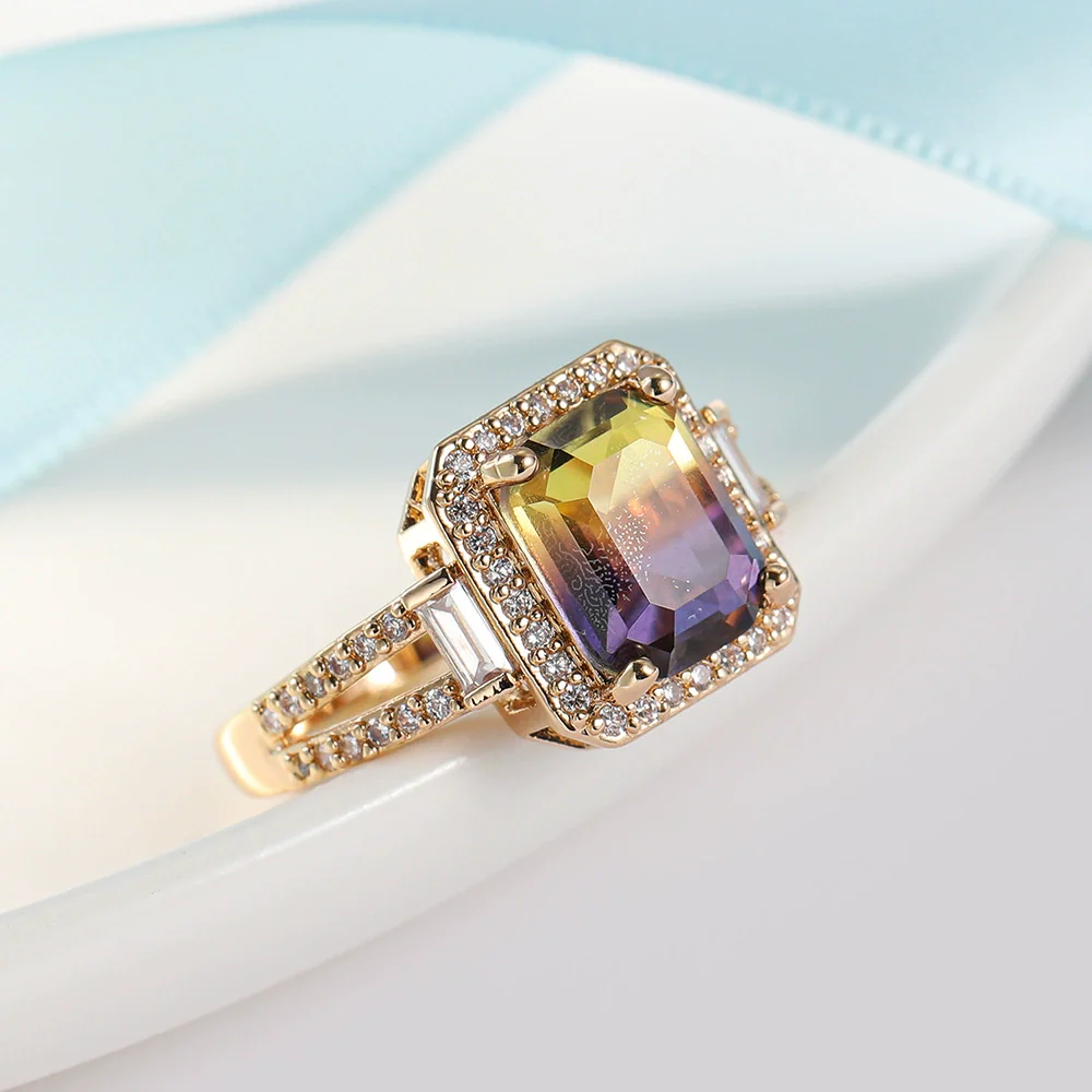 Wholesale Women's Fashion Geometric Copper Gold Plated Tourmaline Ring With Colorful Crystal Inlaid - Image 3