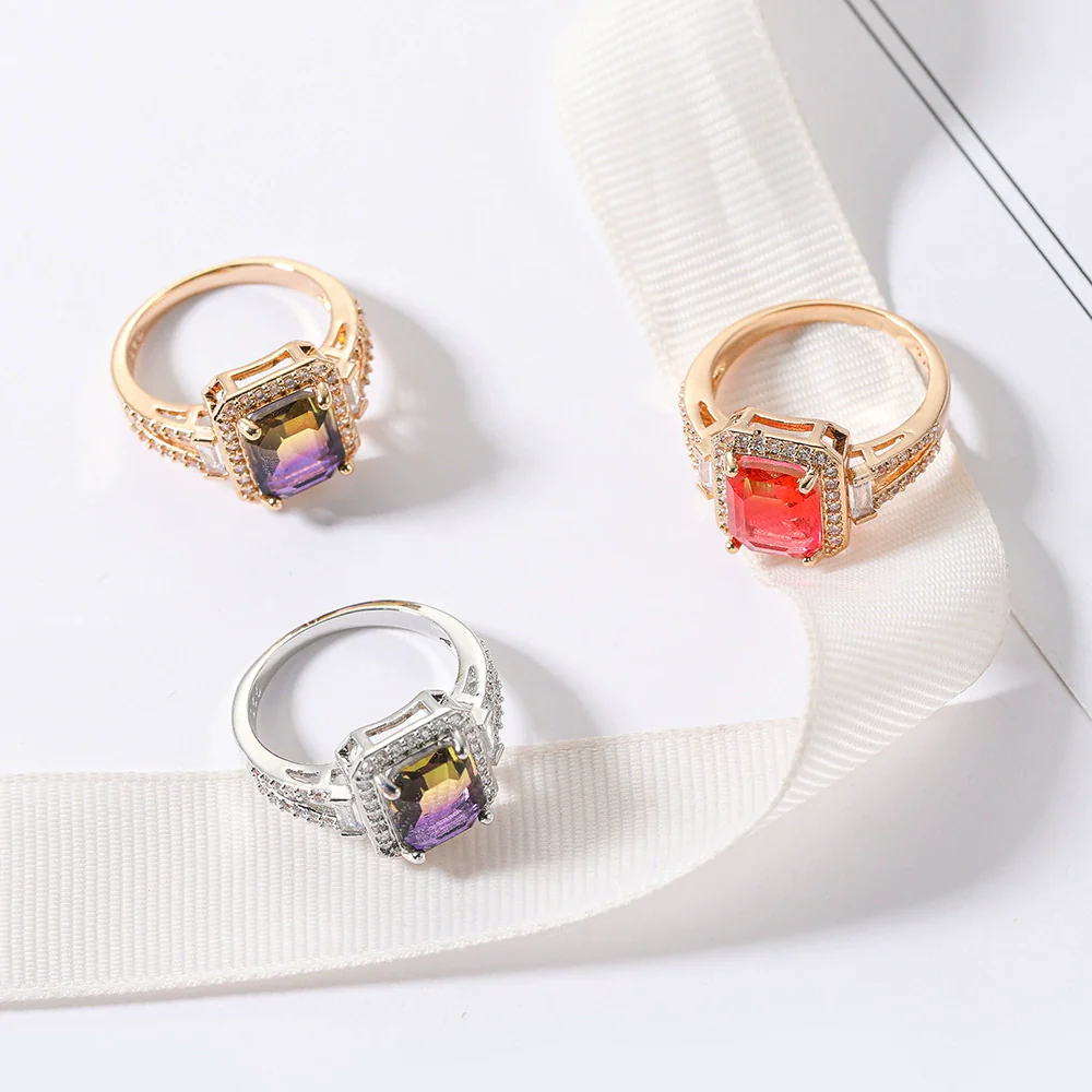 Wholesale Women's Fashion Geometric Copper Gold Plated Tourmaline Ring With Colorful Crystal Inlaid - Image 4