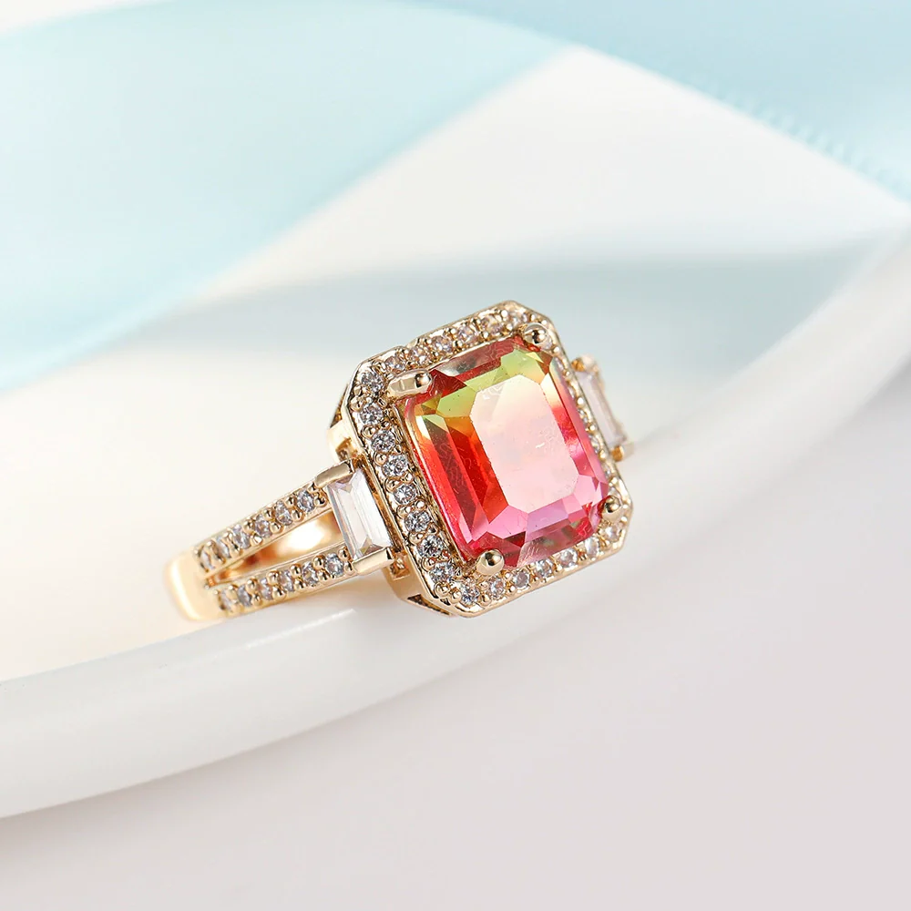 Wholesale Women's Fashion Geometric Copper Gold Plated Tourmaline Ring With Colorful Crystal Inlaid - Image 7