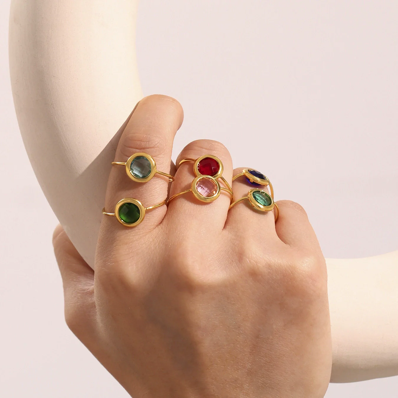 Wholesale Women's Fashion Geometric Ferris Wheel Faceted Open Bead Index Finger Ring Stainless Steel Glass Stone 18K Gold Plated - Image 4
