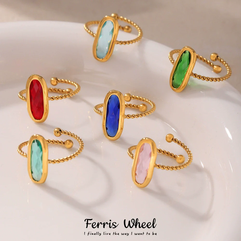 Wholesale Women's Fashion Geometric Ferris Wheel Rectangular Stainless Steel And Glass Stone Electroplated Open Index Finger Ring