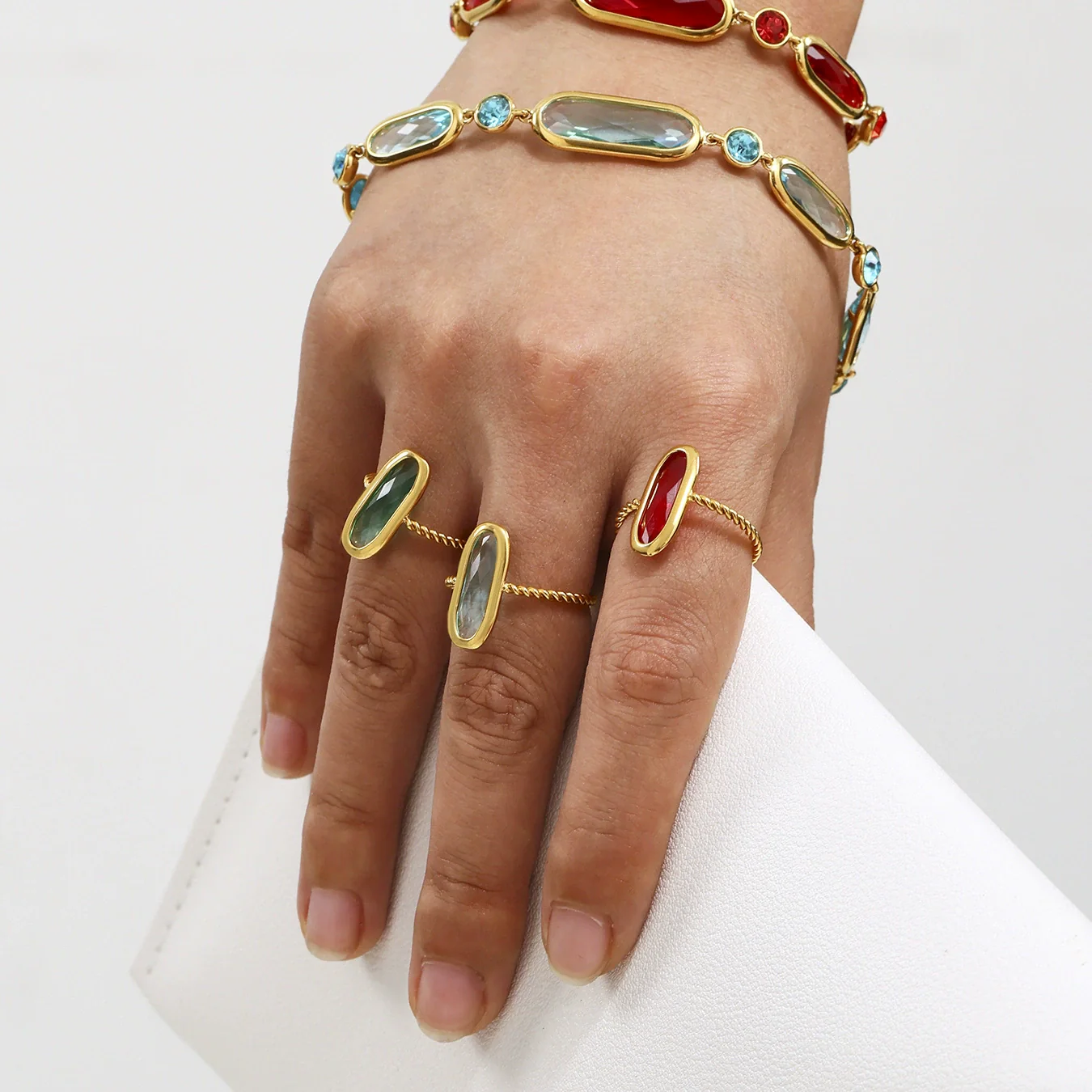 Wholesale Women's Fashion Geometric Ferris Wheel Rectangular Stainless Steel And Glass Stone Electroplated Open Index Finger Ring - Image 2