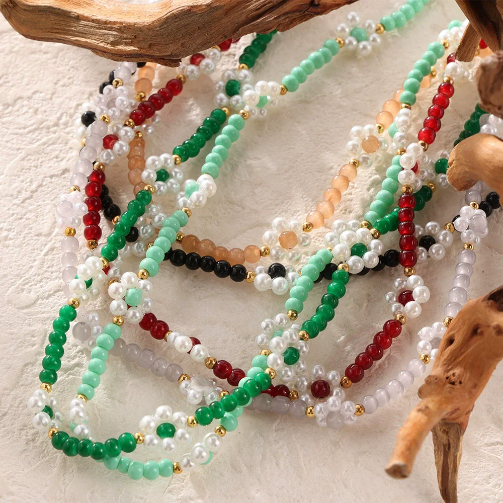 Wholesale Women's Fashion Geometric Handmade Beaded Necklace With Natural Stone And Titanium Steel Gold Plated
