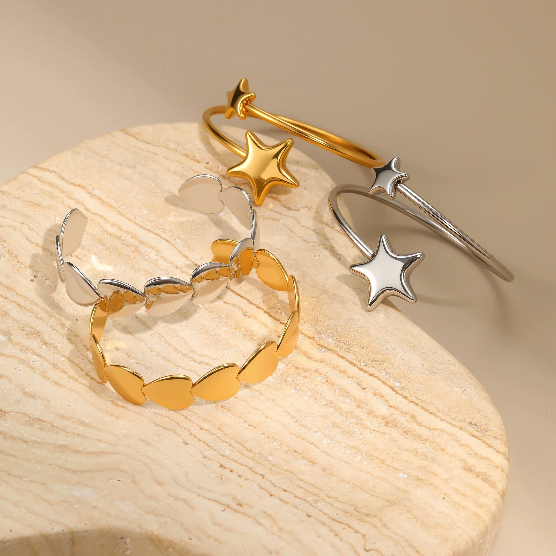 Wholesale Women's Fashion Geometric Heartshaped Fivepointed Star Stainless Steel 18K Gold Plated Bracelet Jewelry - Image 2