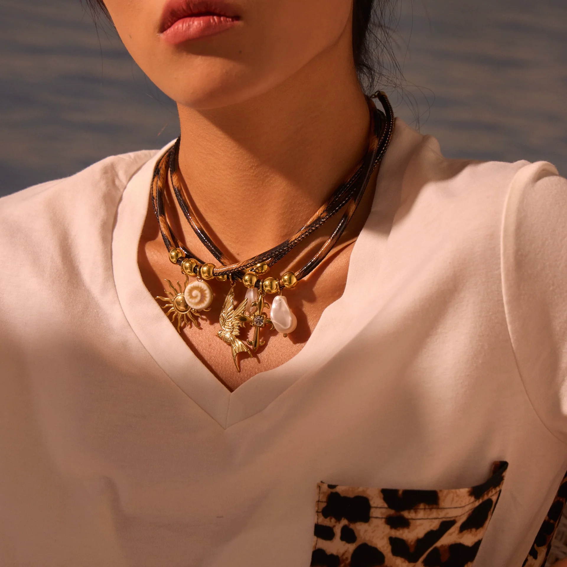 Wholesale Women's Fashion Geometric Leopard Print Stainless Steel 18K Electroplated Necklace