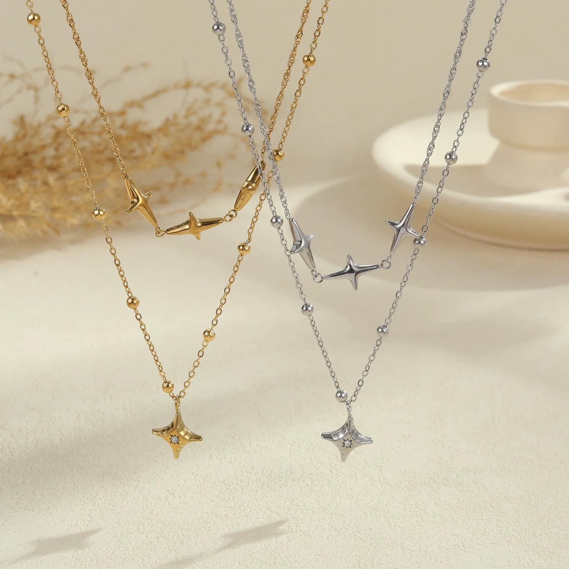 Wholesale Women's Fashion Geometric Stainless Steel 18K Gold Plated Doublelayer Clavicle Necklace - Image 2
