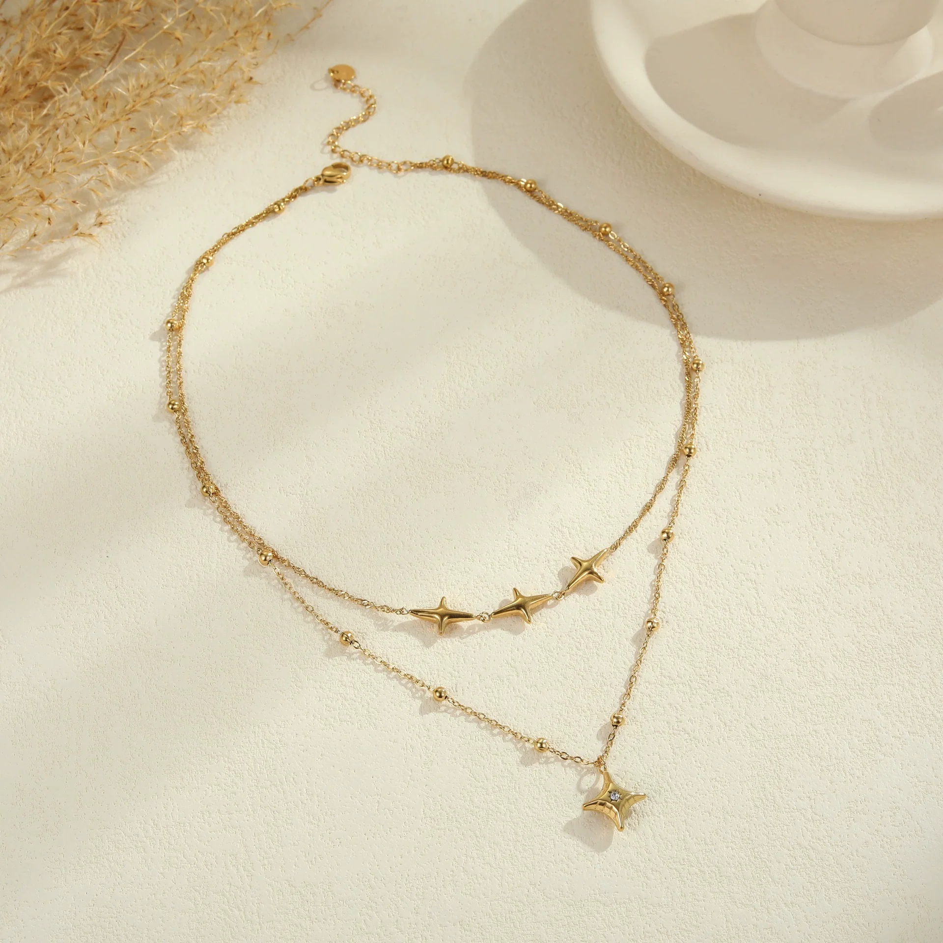 Wholesale Women's Fashion Geometric Stainless Steel 18K Gold Plated Doublelayer Clavicle Necklace - Image 3