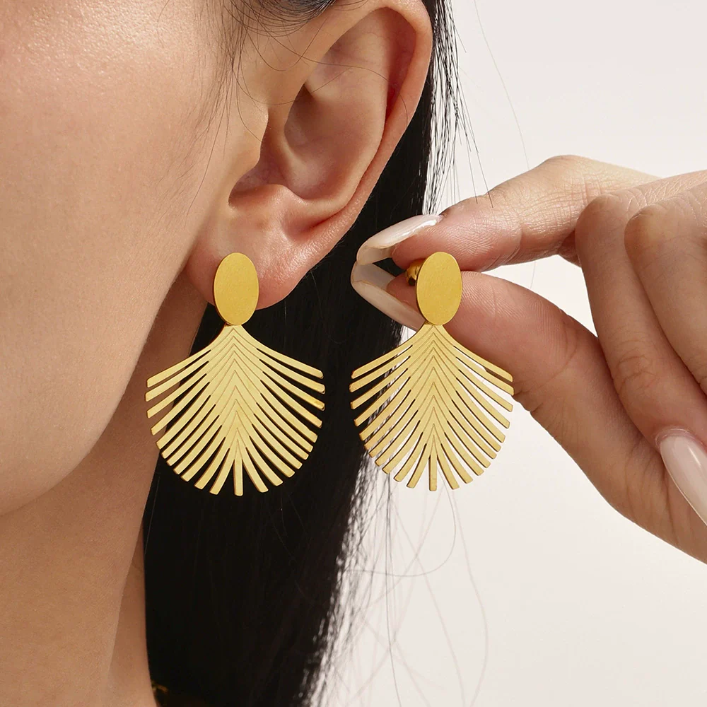 Wholesale Women's Fashion Geometric Stainless Steel Electroplated Ferris Wheel Coconut Leaf Texture Earrings - Image 2