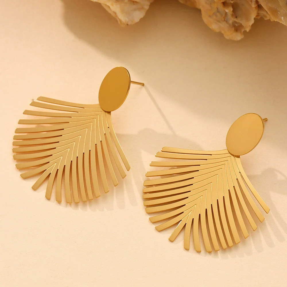Wholesale Women's Fashion Geometric Stainless Steel Electroplated Ferris Wheel Coconut Leaf Texture Earrings - Image 3
