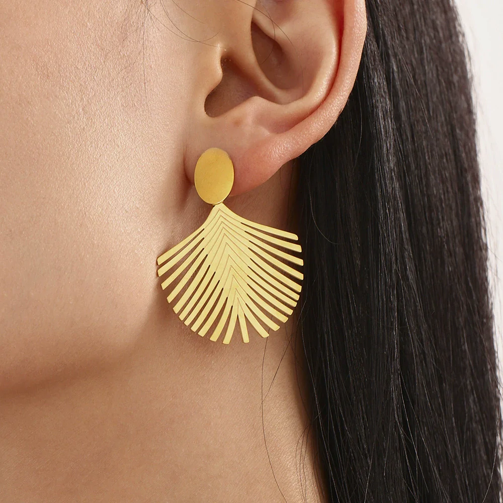 Wholesale Women's Fashion Geometric Stainless Steel Electroplated Ferris Wheel Coconut Leaf Texture Earrings - Image 4