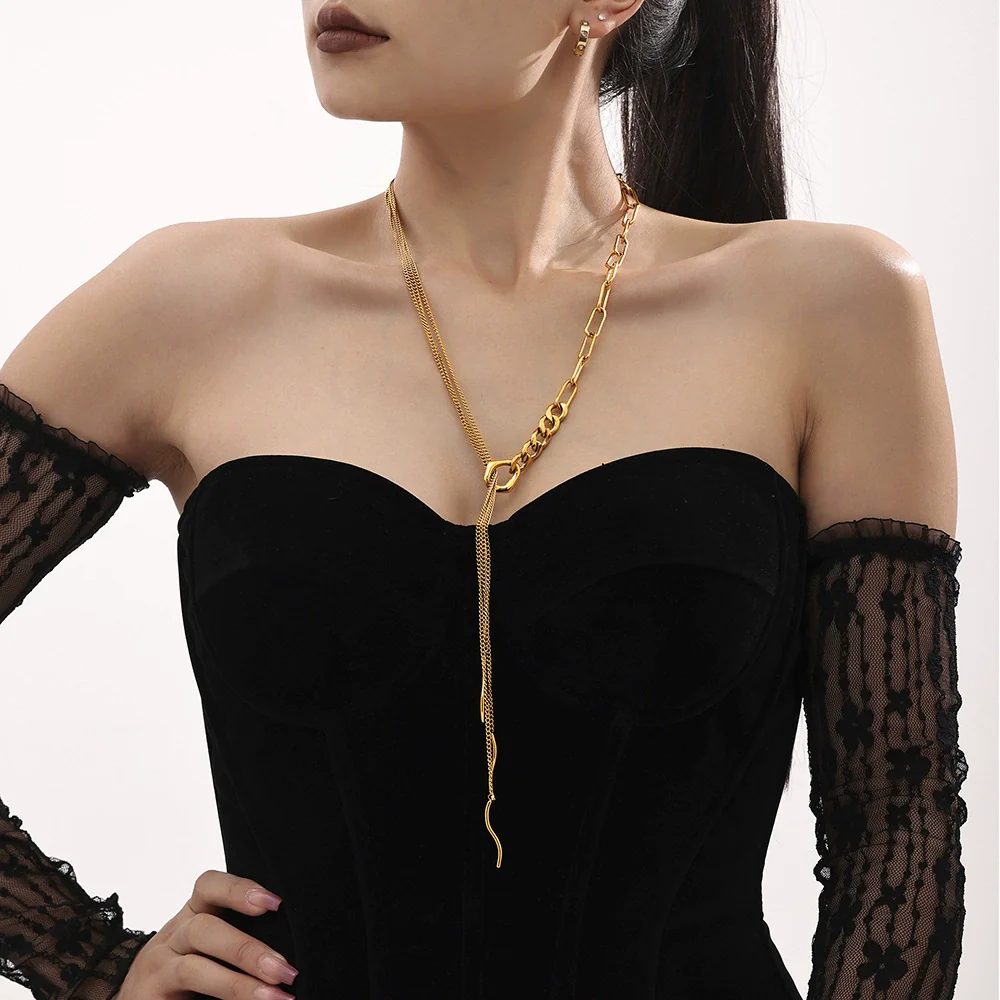 Wholesale Women's Fashion Geometric Woolen Multilayer Tassel Curved Strip Stacked Long Necklace Stainless Steel 18K Gold Plated
