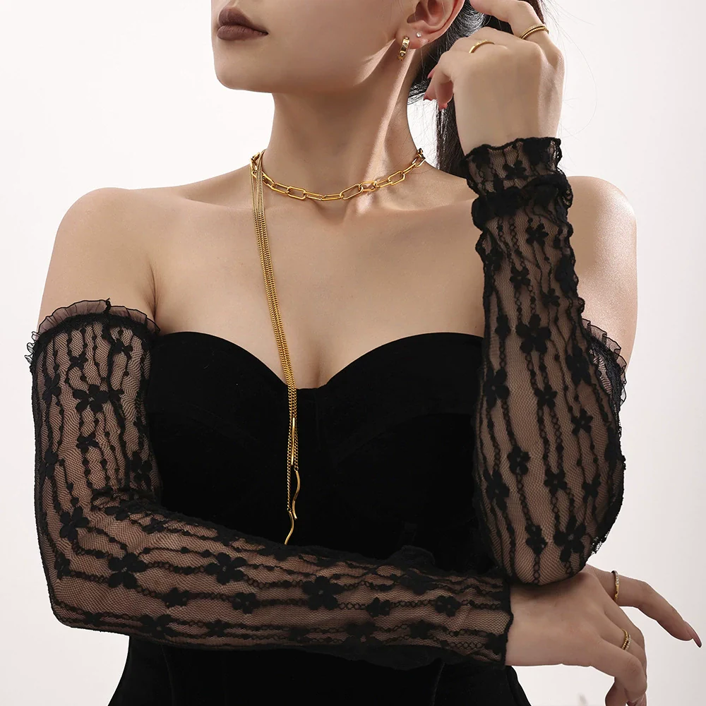 Wholesale Women's Fashion Geometric Woolen Multilayer Tassel Curved Strip Stacked Long Necklace Stainless Steel 18K Gold Plated - Image 2