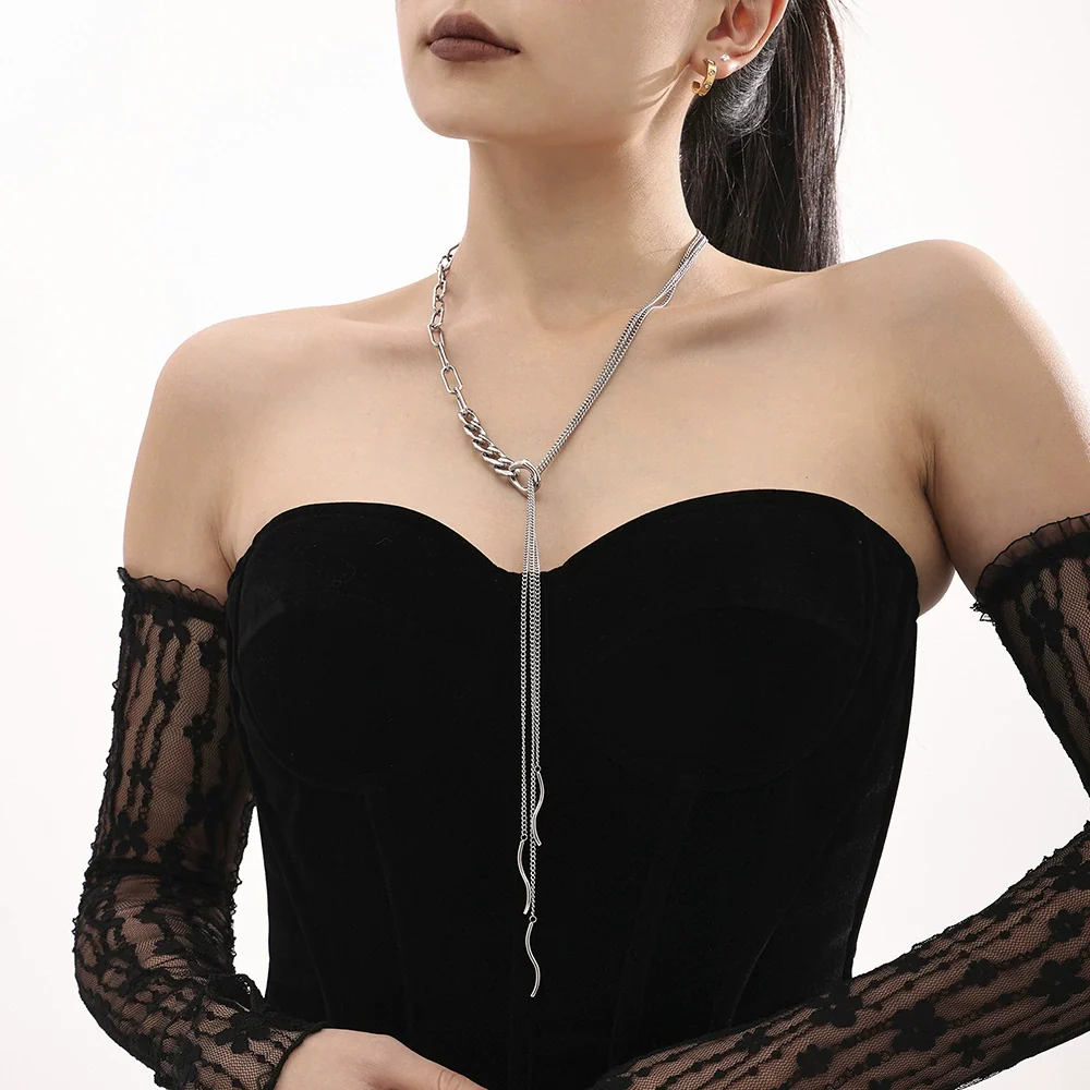 Wholesale Women's Fashion Geometric Woolen Multilayer Tassel Curved Strip Stacked Long Necklace Stainless Steel 18K Gold Plated - Image 3